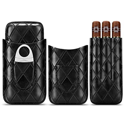CIGARLOONG Zigarrenetui Leder Zigarre Reise Humidor Halten 3 Röhren mit Zigarrenschneider(Farbe:Schwarz) von CIGARLOONG