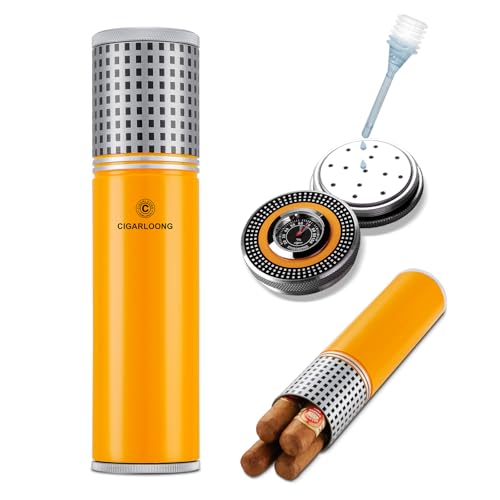 CIGARLOONG Zigarrenkoffer Tragbarer Zigarrenbefeuchter Eingebauter Luftbefeuchter und Hygrometer für 3-4 Zigarrenrohr (Gelb) von CIGARLOONG