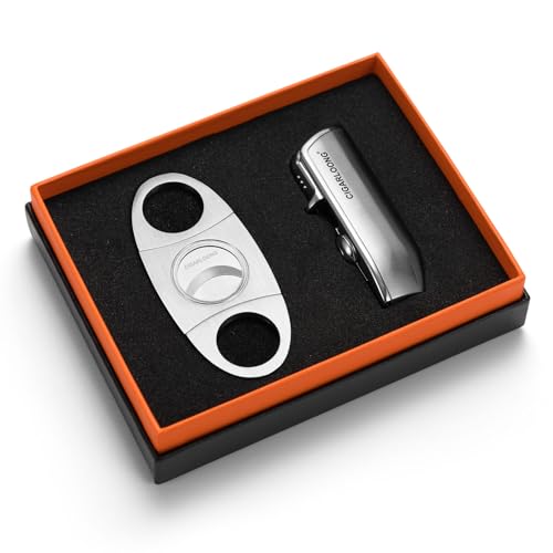 CIGARLOONG Zigarrenschneider und Feuerzeug Set Doppelklinge Einfache Zigarren Guillotine und 3 Jet Torch Blue Flames Nachfüllbares Feuerzeug(Gelb) von CIGARLOONG