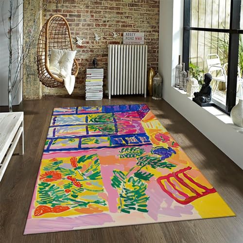 CIHCOHOME Henri Matisse Stil Bereich Teppich Maschinenwaschbarer Teppich mit Gummirücken Cartoon Pflanze Palmblatt Wohnzimmer Dekor Rosa Haus Bereich Teppiche 60x90cm von CIHCOHOME