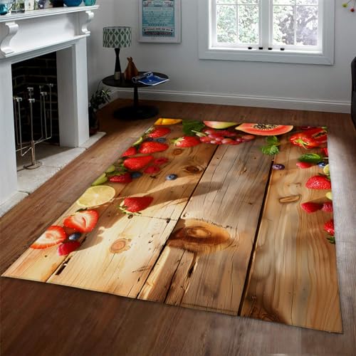 CIHCOHOME Holzplankenmuster Bereich Teppich Wohnzimmer Teppiche Obst Weicher Bauernhausteppich Erdbeere Innenteppich für Schlafzimmer unter Esstisch Dekor 60x90cm von CIHCOHOME