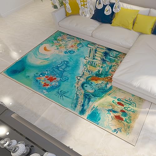 CIHCOHOME Marc Chagall Art Style Area Teppiche Umarmen Bataille de Fleurs Rutschfester Gummi-Trägerteppich Rechteckmatte Läuferteppich für Raum Helles Dekor 90x180cm von CIHCOHOME