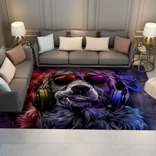 CIHCOHOME Niedlicher Hundebereich Teppich Lustiger Tierhund, der Musik hört rutschfeste Kinderteppiche für den Innenbereich Waschbarer atmungsaktiver Teppich für Schlafzimmer Esszimmer 100x150cm von CIHCOHOME