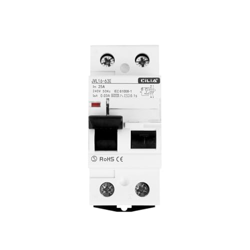 CILIA Fehlerstromschutzschalter Typ A 30mA 6kA - Personenschutzschalter 1P+N 25/40/63A, 230/400V AC, DIN-Anschluss 2 Module, Kurve C - Kurzschluss- und Überlastschutz (JVL16-63-1P-25A) von CILIA