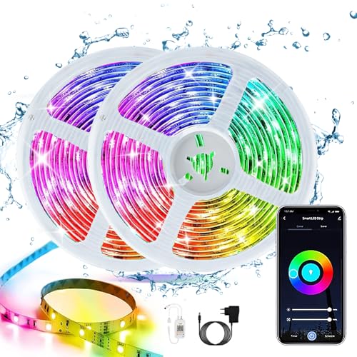 CILIENG Wasserdichter LED Streifen 12m, IP65 Wasserdichter RGB Mehrfarbig LED Strips, 16 Mio. Farben Selbstklebend LED Farbwechsel Lichtband, Sync mit Musik LED Leiste für TV Schrankdek von CILIENG