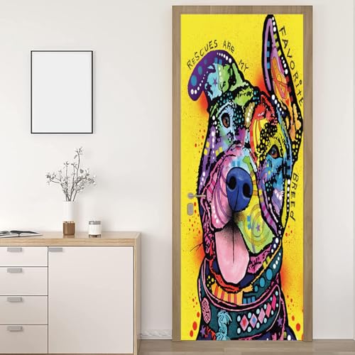 Tür tapeten 3d selbstklebend Buntes Tier Hund Türposter Türaufkleber Abnehmbare Vinyl türfolie Fototapete diy Wandbild Wohnzimmer Schlafzimmer Kinderzimmer Badezimmer B100 x H200cm von CILODO