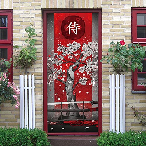 Tür tapeten 3d selbstklebend Japanischer Stil & Kirschblüten Türposter Türaufkleber Wasserdicht Abnehmbare Vinyl türfolie Fototapete diy Wandbild Wohnzimmer Schlafzimmer Kinderzimmer B85 x H205cm von CILODO