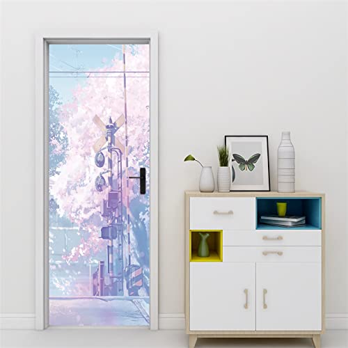 Tür tapeten 3d selbstklebend Japanischer Stil & Kirschblüten Türtapete Wandbild Selbstklebend PVC Wasserdicht Abnehmbar Türfolie TürPoster Fototapete Wohnzimmer Schlafzimmer küche B90 x H200cm von CILODO