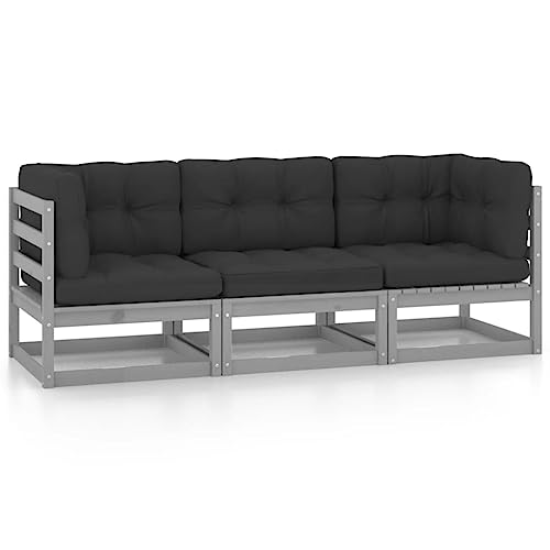 CINDERFUL 3-Sitzer-Gartensofa mit Kissen Kiefer Massivholz,Robustes 3SitzerGartensofa aus Kiefernholz in Anthrazit und Grau für Entspannung im Freien Terrassen Sitzmöbel von CINDERFUL