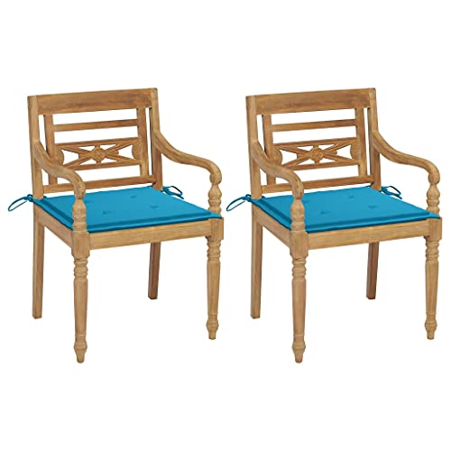 CINDERFUL Batavia-Stühle 2 STK. mit Blauen Kissen Teak Massivholz Gartenmöbel Gartenstühle von CINDERFUL