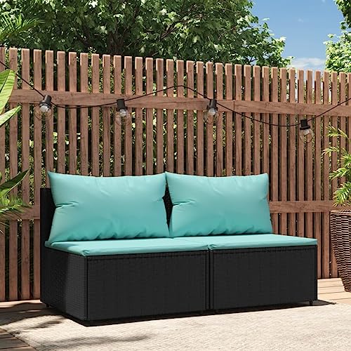 CINDERFUL Garten-Mittelsofas mit Kissen 2 STK. Schwarz Poly Rattan,Elegantes GartenMittelsofa aus witterungsbeständigem PERattan Schwarz Terrassen Sitzmöbel von CINDERFUL