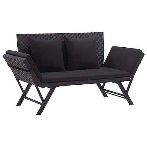 CINDERFUL Gartenbank mit Auflagen 176 cm Schwarz Poly Rattan Terrassen Sitzmöbel, Gartenbänke von CINDERFUL