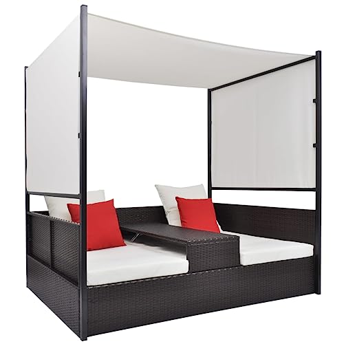 CINDERFUL Gartenbett mit Baldachin Braun 190×130 cm Poly Rattan Gartenmöbel von CINDERFUL