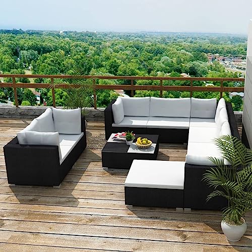 CINDERFUL Gartenmöbel Set 10-TLG. Garten-Lounge-Set mit Auflagen Poly Rattan Schwarz von CINDERFUL