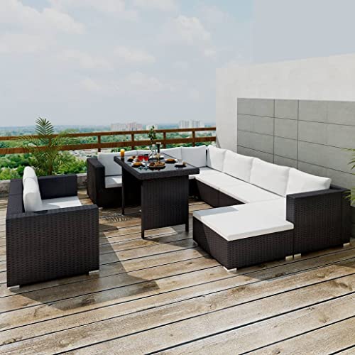 CINDERFUL Gartenmöbel Set 10-TLG. Garten-Lounge-Set mit Auflagen Poly Rattan Schwarz von CINDERFUL