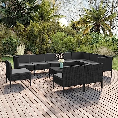 CINDERFUL Gartenmöbel Set 11-TLG. Garten-Lounge-Set mit Auflagen Poly Rattan Schwarz von CINDERFUL