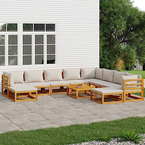 CINDERFUL Gartenmöbel Set 11-TLG. Garten-Lounge-Set mit Hellgrauen Kissen Massivholz von CINDERFUL