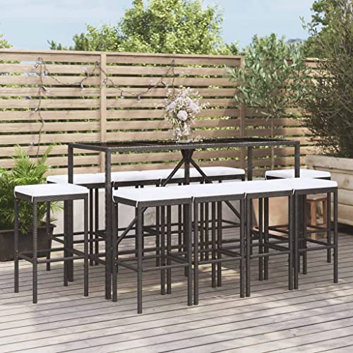 CINDERFUL Gartenmöbel Set 11-TLG. Gartenbar-Set mit Kissen Schwarz Poly Rattan von CINDERFUL