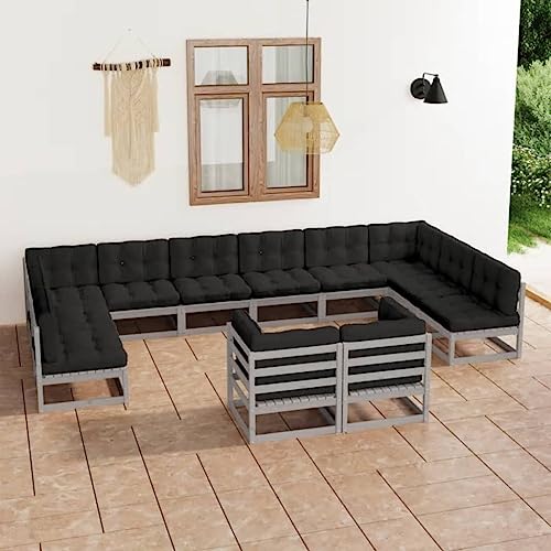 CINDERFUL Gartenmöbel Set 12-TLG. Garten-Lounge-Set mit Kissen Grau Massivholz Kiefer von CINDERFUL