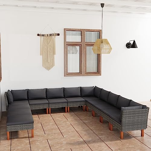 CINDERFUL Gartenmöbel Set 12-TLG. Garten-Lounge-Set mit Kissen Poly Rattan Grau von CINDERFUL
