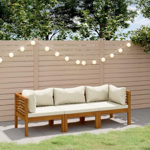 CINDERFUL Gartenmöbel Set 3-Sitzer-Gartensofa mit Creme Kissen Massivholz Akazie von CINDERFUL