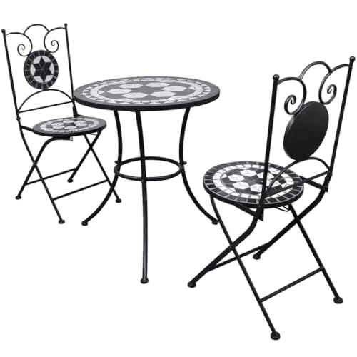 CINDERFUL Gartenmöbel Set 3-TLG. Bistro-Set Keramikfliese Schwarz/Weiß von CINDERFUL