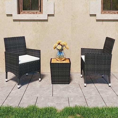CINDERFUL Gartenmöbel Set 3-TLG. Bistro-Set Poly Rattan und Akazienholz Schwarz von CINDERFUL