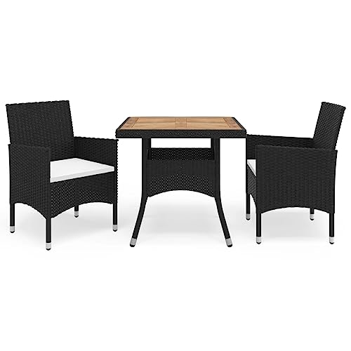 CINDERFUL Gartenmöbel Set 3-TLG. Garten-Essgruppe Schwarz Poly Rattan und Akazienholz von CINDERFUL