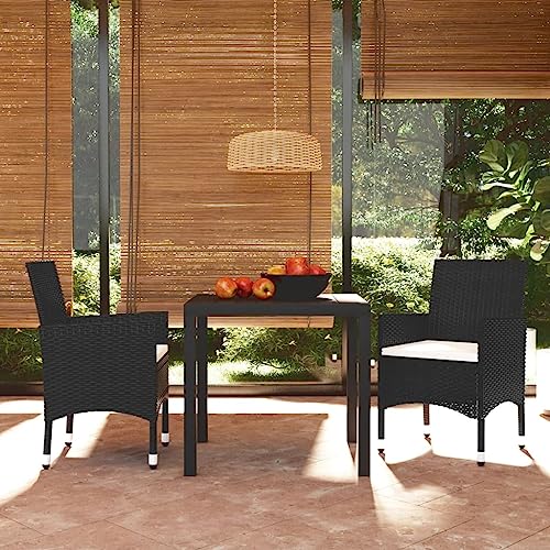 CINDERFUL Gartenmöbel Set 3-TLG. Garten-Essgruppe mit Kissen Poly Rattan Schwarz von CINDERFUL