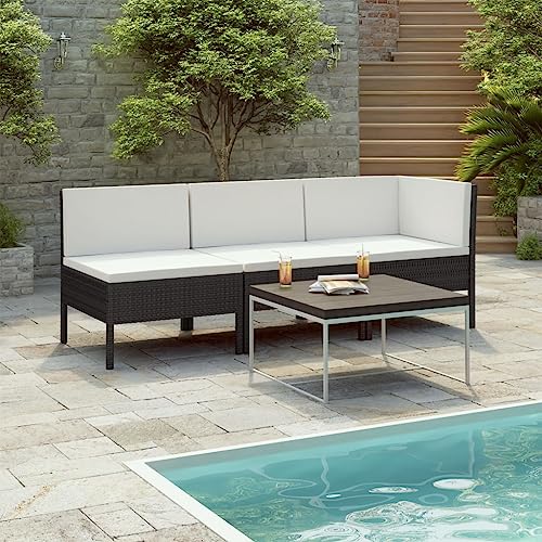 CINDERFUL Gartenmöbel Set 3-TLG. Garten-Lounge-Set mit Auflagen Poly Rattan Schwarz von CINDERFUL