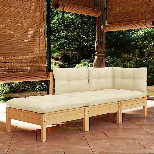 CINDERFUL Gartenmöbel Set 3-TLG. Garten-Lounge-Set mit Creme Kissen Massivholz Kiefer von CINDERFUL