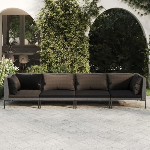 CINDERFUL Gartenmöbel Set 4-TLG. Garten-Lounge-Set mit Kissen Poly Rattan Dunkelgrau von CINDERFUL