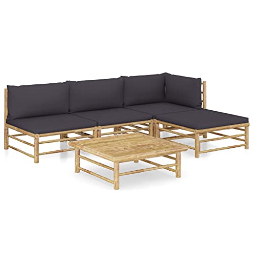 CINDERFUL Gartenmöbel Set 5-TLG. Garten-Lounge-Set mit Dunkelgrauen Kissen Bambus von CINDERFUL