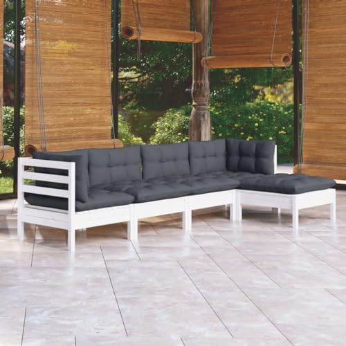 CINDERFUL Gartenmöbel Set 5-TLG. Garten-Lounge-Set mit Kissen Weiß Kiefernholz von CINDERFUL