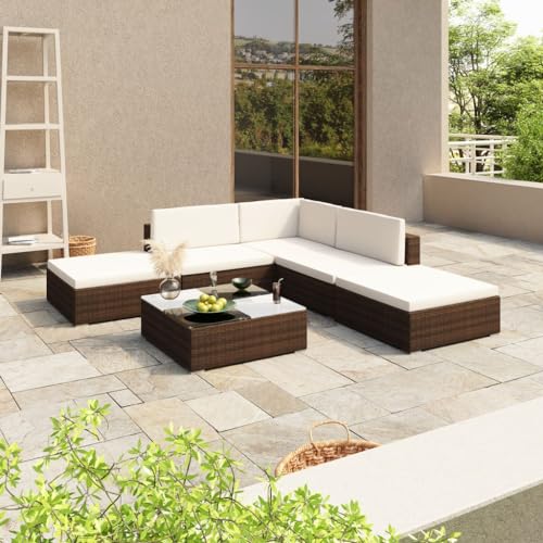 CINDERFUL Gartenmöbel Set 6-TLG. Garten-Lounge-Set mit Auflagen Poly Rattan Braun von CINDERFUL