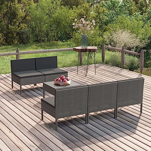 CINDERFUL Gartenmöbel Set 6-TLG. Garten-Lounge-Set mit Auflagen Poly Rattan Grau von CINDERFUL