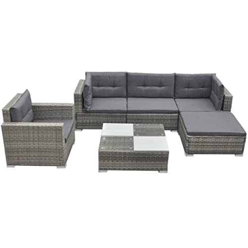CINDERFUL Gartenmöbel Set 6-TLG. Garten-Lounge-Set mit Auflagen Poly Rattan Grau von CINDERFUL