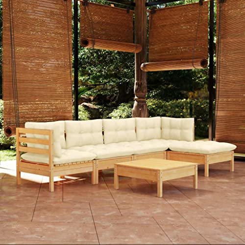 Gartenmöbel Set 6-TLG. Garten-Lounge-Set mit Creme Kissen Kiefernholz von CINDERFUL
