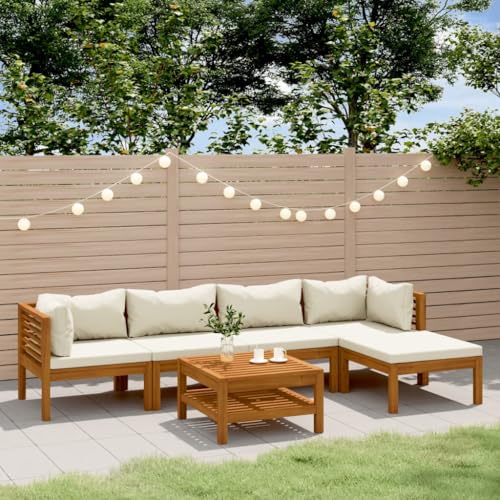 CINDERFUL Gartenmöbel Set 6-TLG. Garten-Lounge-Set mit Creme Kissen Massivholz Akazie von CINDERFUL