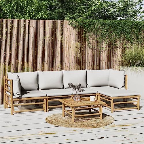 CINDERFUL Gartenmöbel Set 6-TLG. Garten-Lounge-Set mit Hellgrauen Kissen Bambus von CINDERFUL