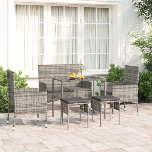 CINDERFUL Gartenmöbel Set 6-TLG. Garten-Lounge-Set mit Kissen Grau Poly Rattan von CINDERFUL
