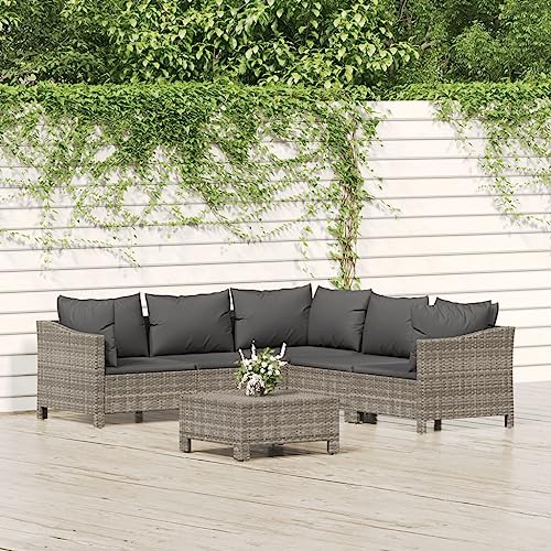 CINDERFUL Gartenmöbel Set 6-TLG. Garten-Lounge-Set mit Kissen Grau Poly Rattan von CINDERFUL