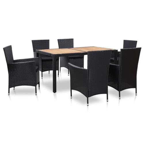 CINDERFUL Gartenmöbel Set 7-TLG. Garten-Essgruppe mit Auflagen Poly Rattan Schwarz von CINDERFUL