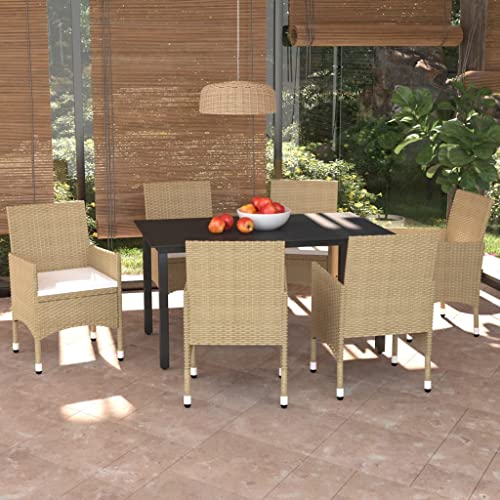 CINDERFUL Gartenmöbel Set 7-TLG. Garten-Essgruppe mit Kissen Poly Rattan Beige von CINDERFUL