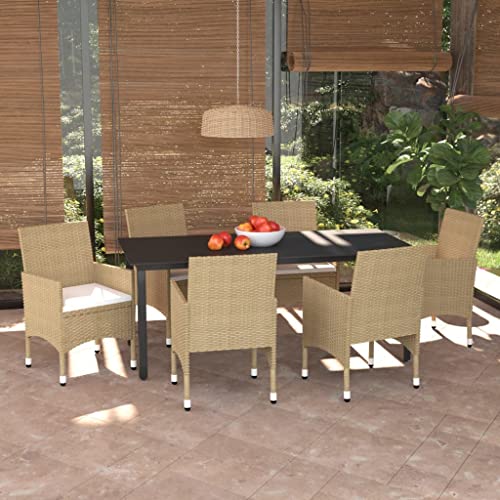 CINDERFUL Gartenmöbel Set 7-TLG. Garten-Essgruppe mit Kissen Poly Rattan Beige von CINDERFUL