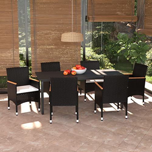 CINDERFUL Gartenmöbel Set 7-TLG. Garten-Essgruppe mit Kissen Poly Rattan Schwarz von CINDERFUL