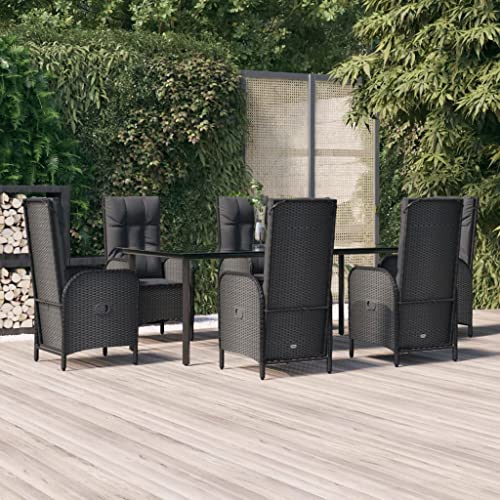 CINDERFUL Gartenmöbel Set 7-TLG. Garten-Essgruppe mit Kissen Schwarz Poly Rattan von CINDERFUL