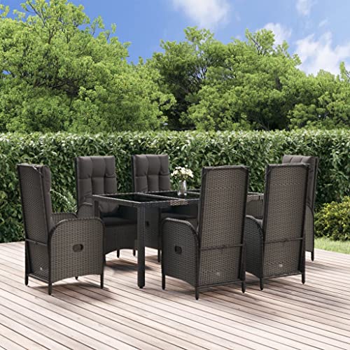 CINDERFUL Gartenmöbel Set 7-TLG. Garten-Essgruppe mit Kissen Schwarz und Grau Poly Rattan von CINDERFUL