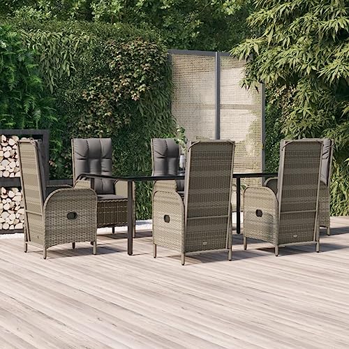 CINDERFUL Gartenmöbel Set 7-TLG. Garten-Essgruppe mit Kissen Schwarz und Grau Poly Rattan von CINDERFUL