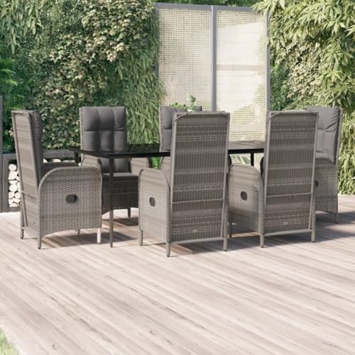 CINDERFUL Gartenmöbel Set 7-TLG. Garten-Essgruppe mit Kissen Schwarz und Grau Poly Rattan von CINDERFUL